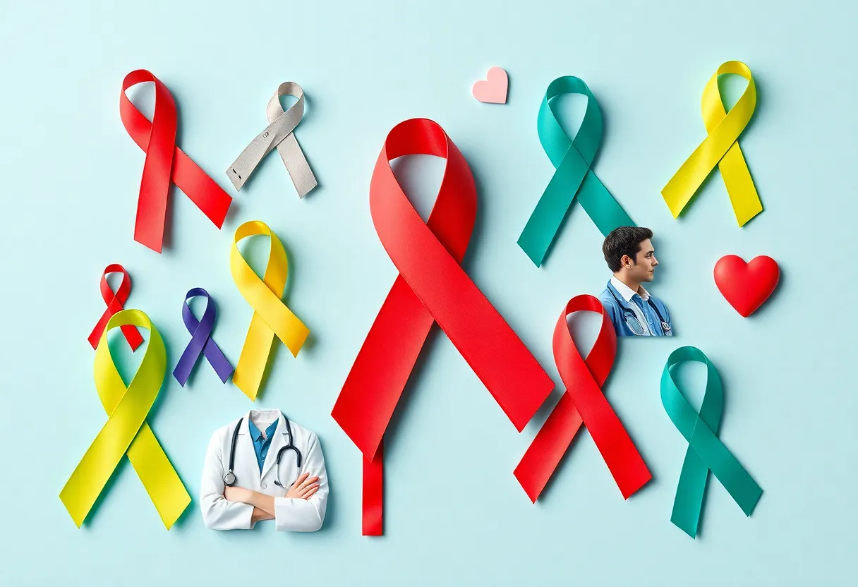 Awareness ribbon for kidney cancer amidst a supportive community backdrop.