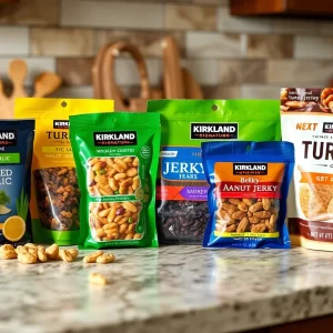 Variety of Kirkland Signature products from Costco including snacks and seasonings.