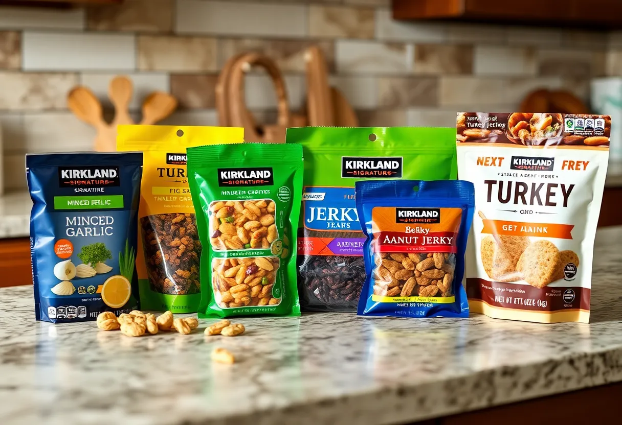 Variety of Kirkland Signature products from Costco including snacks and seasonings.