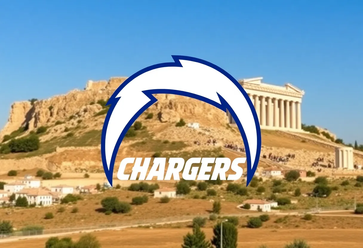 Los Angeles Chargers logo with Acropolis background in Greece