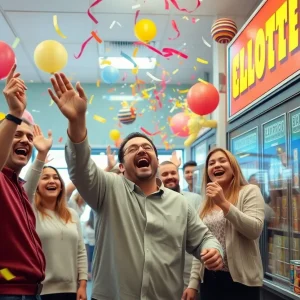 Celebration in a lottery store after a jackpot win.