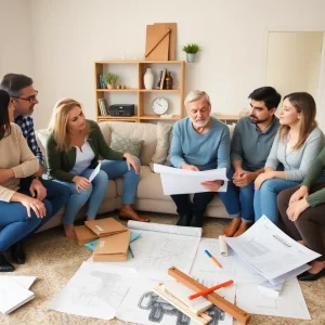 Contractors working on a home renovation in Michigan amidst lumber stacks.