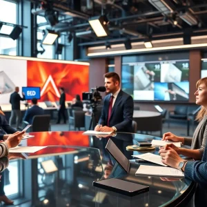 Journalists in a newsroom discussing editorial changes