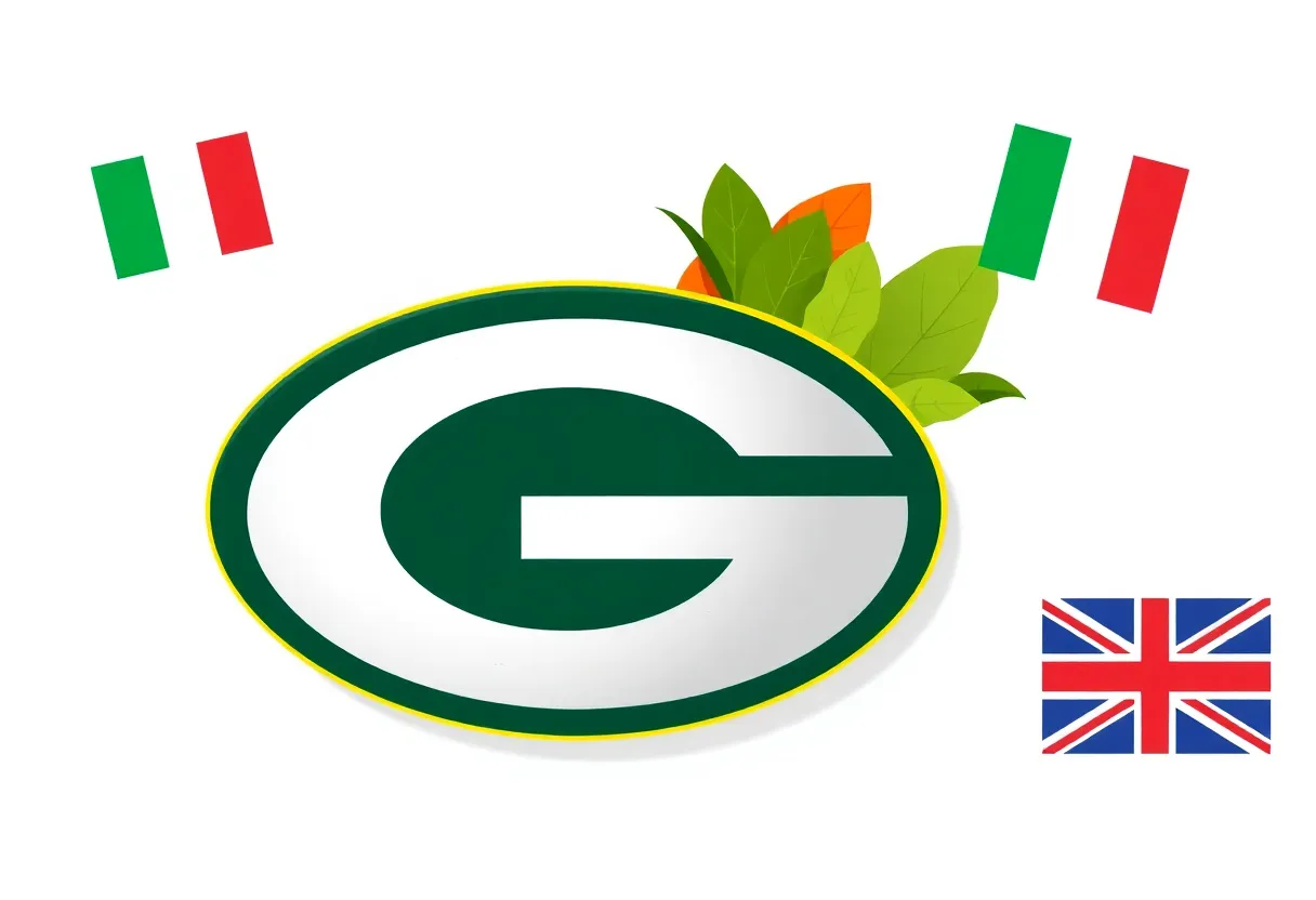 Green Bay Packers logo with flags representing Germany, Ireland, and the UK