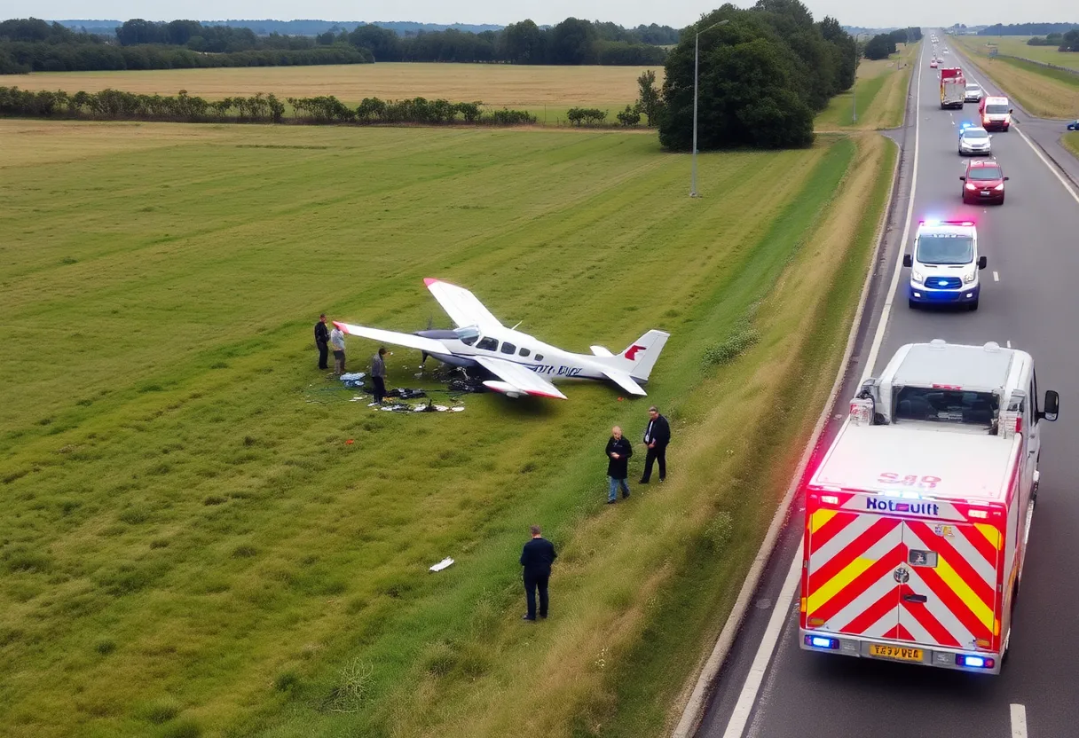 A small aircraft wreckage in the grass beside a busy highway with emergency responders present.