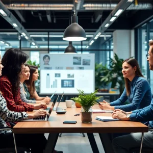 Creative team discussing production insurance solutions in an office.