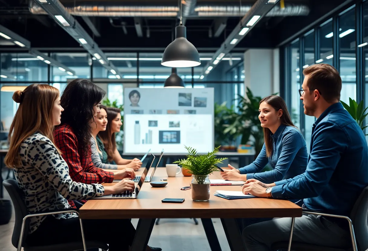 Creative team discussing production insurance solutions in an office.