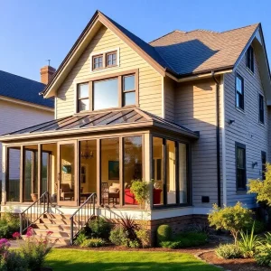 Exterior view of a renovated 1927 home in Detroit with landscaping and a sunroom.