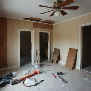 An illustration depicting unfinished home renovations and disappointed homeowners