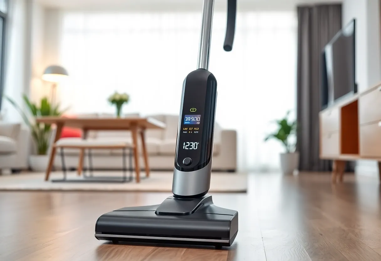Samsung Bespoke AI Jet Ultra cordless vacuum in a modern living room.