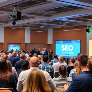 A busy SEO conference with attendees networking and speakers presenting.