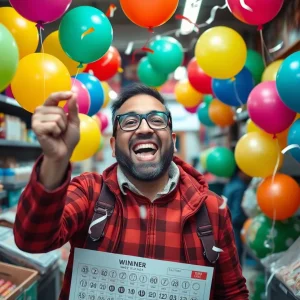 A joyful scene depicting a lottery winner celebrating in a market.