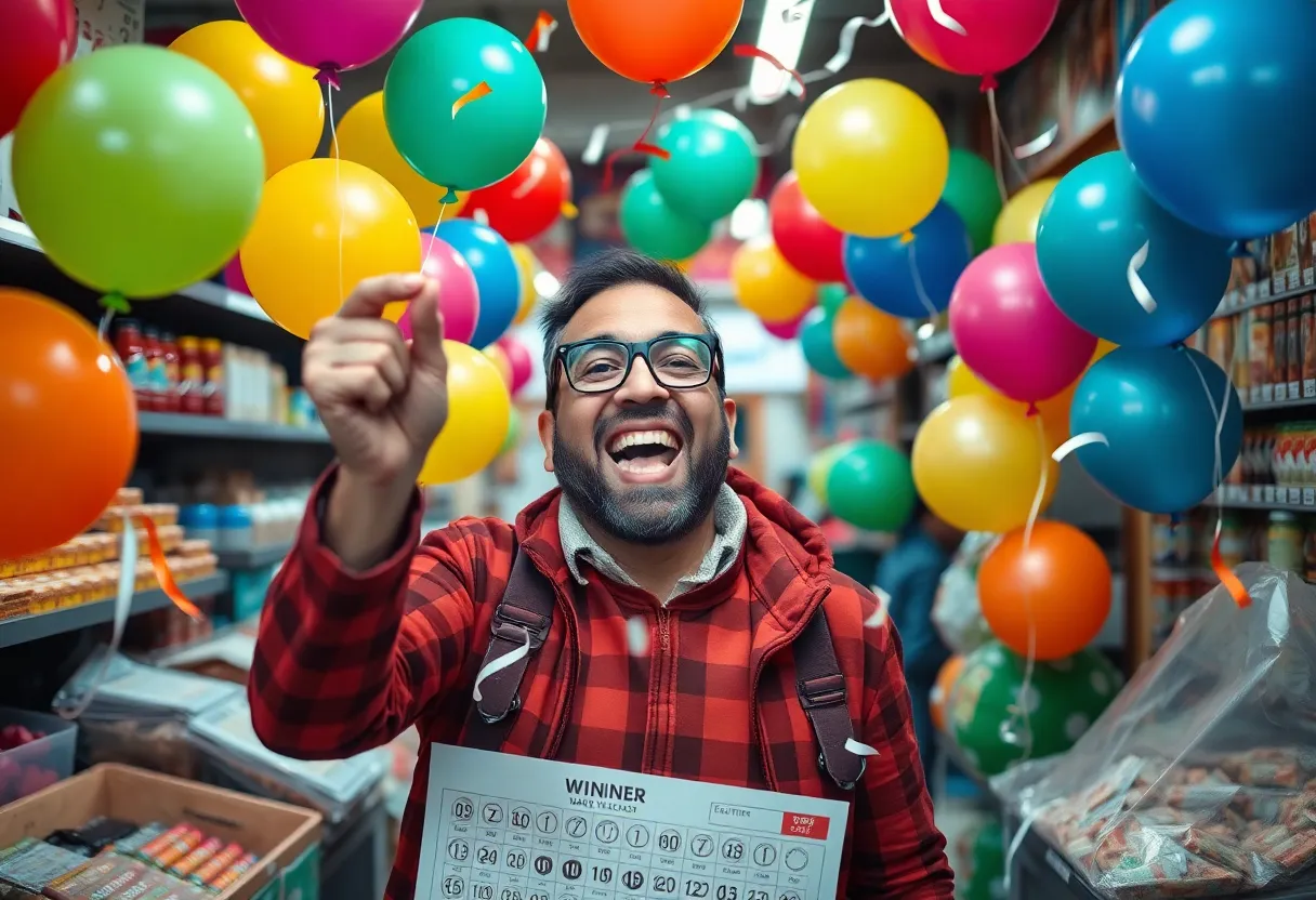 A joyful scene depicting a lottery winner celebrating in a market.