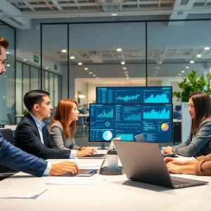 Team working on anti-money laundering compliance tools in a digital workspace