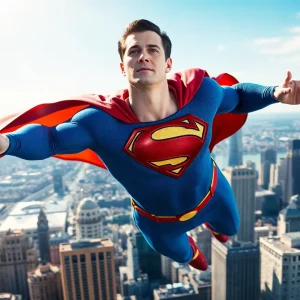 Superman soaring through the sky above a bustling cityscape.
