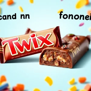 Promotional image of Twix chocolate bars with a colorful background.