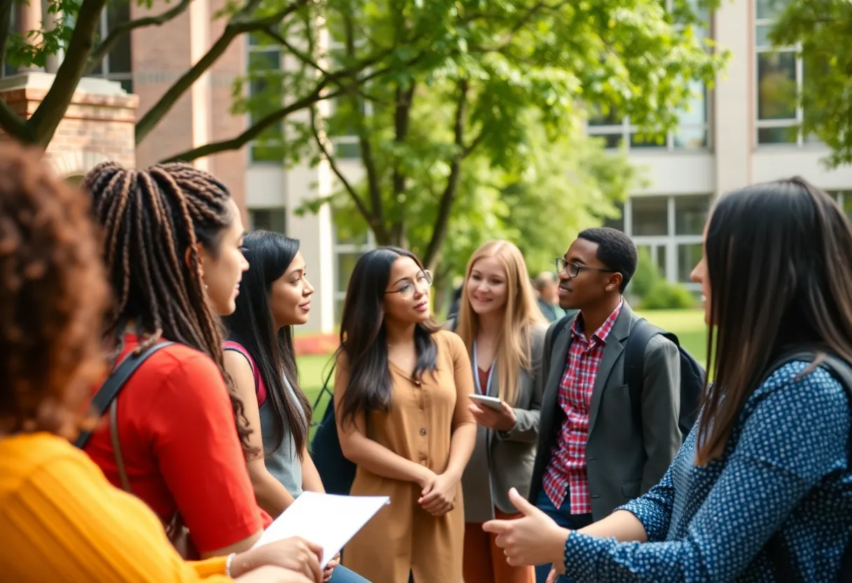 A group of university students discussing diversity issues on campus.