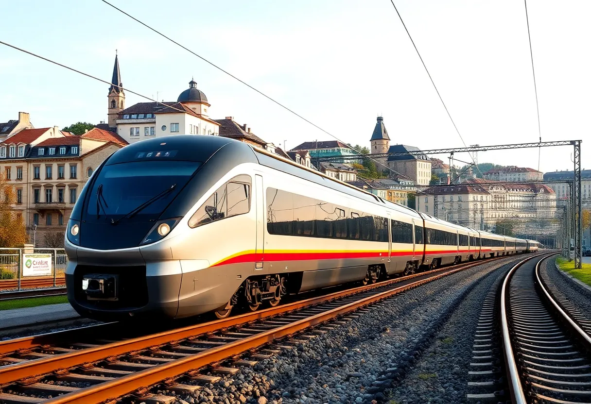 Virgin train in a European cityscape