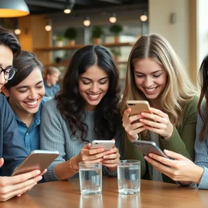 Group of young adults engaged with smartphones exploring new social media apps
