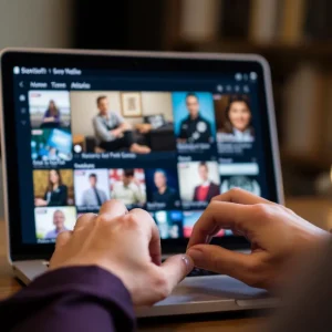 Hands sifting through digital content on a laptop screen.