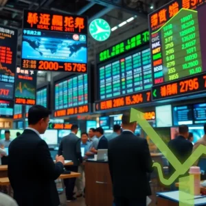 A bustling Asian stock exchange showing positive trading activity