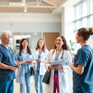Healthcare professionals assisting patients at a modern facility
