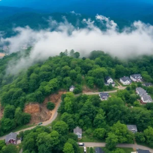 Landscape showing destruction from Tropical Storm Helene in Buncombe County, with damaged houses and landslides.