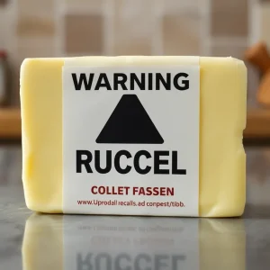 Butter block with a warning sign, representing the Cabot Creamery recall.