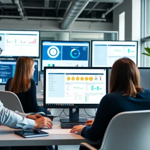 Team members collaborating in an office using case management software