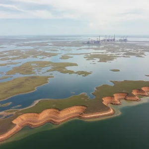 Aerial view of eroded coastal wetlands in Louisiana