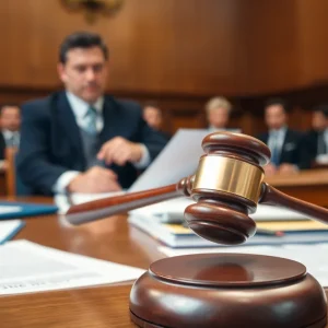 Courtroom scene illustrating the legal battle between Newsmax and Dominion Voting Systems.