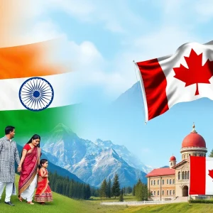 Cultural representation of India and Canada with family elements.