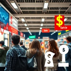 Graph showing declining consumer sentiment with worried shoppers