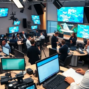 Journalists working in a modern newsroom