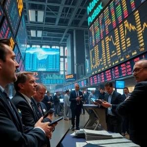 Image illustrating financial market instability with falling stock prices and concerned investors.