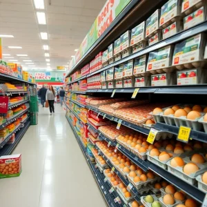 Cartons of eggs on grocery store shelves with price tags