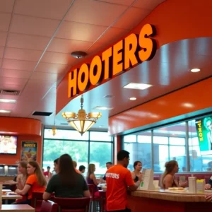 Interior of a Hooters restaurant with diners enjoying their meals