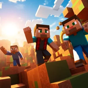 Scene from the Minecraft Movie showing characters in a cubic world.