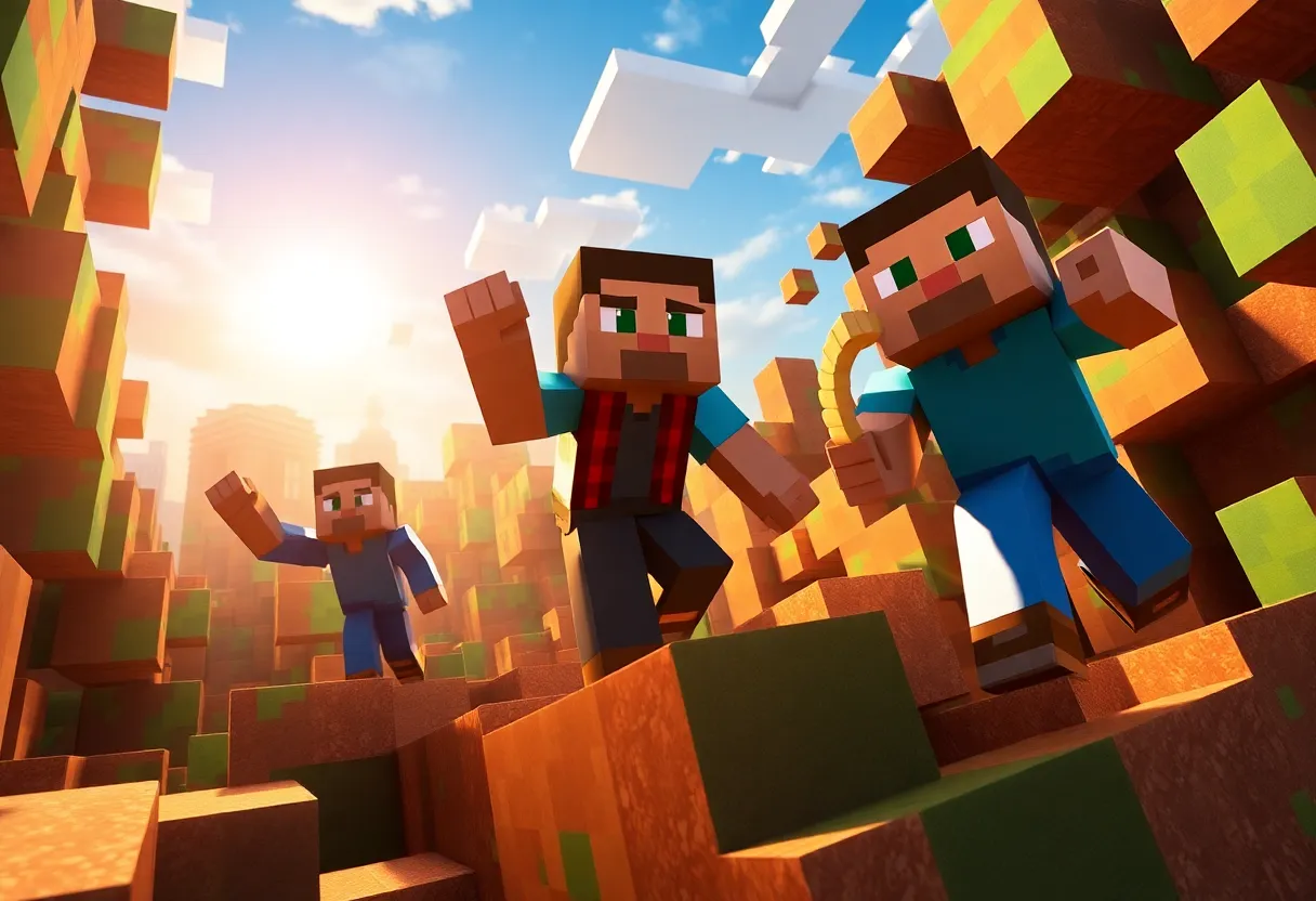 Scene from the Minecraft Movie showing characters in a cubic world.