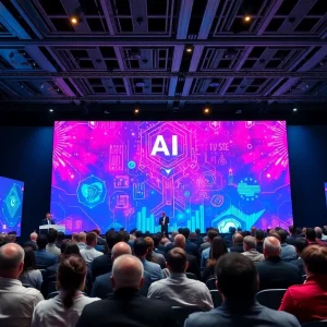 Visual representation of OpenAI funding discussions with technology-themed graphics.