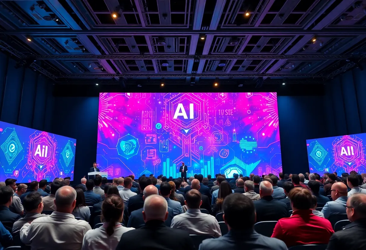 Visual representation of OpenAI funding discussions with technology-themed graphics.