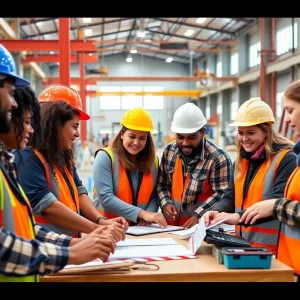 Employees collaborating at PCL Construction in a modern office environment.