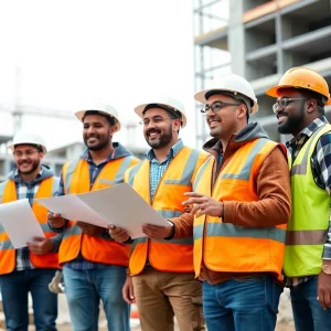 Team of construction workers collaborating on a project