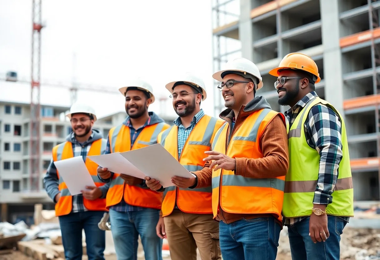 Team of construction workers collaborating on a project