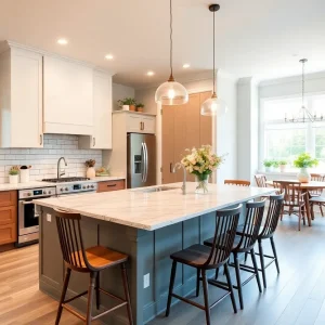 A modern, stylish kitchen with updated appliances and furniture.
