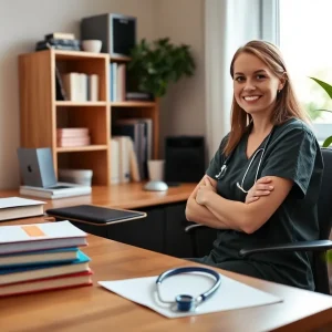 A nurse in a home office providing telemedicine services.