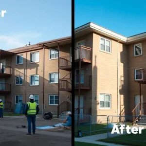 Construction work on renovated low-income housing units.