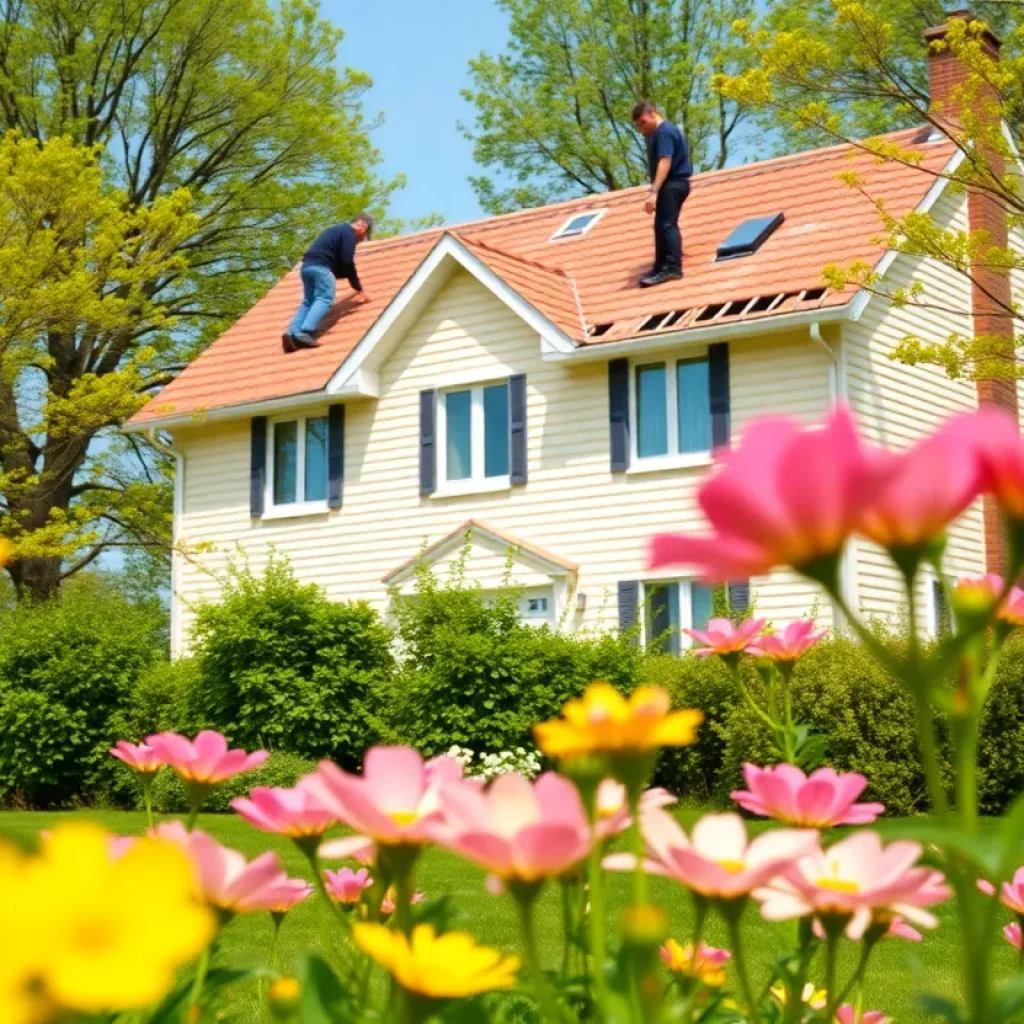 House in spring with new roof and flowers