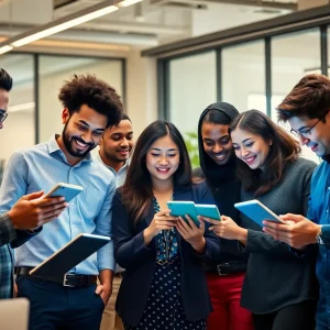 Diverse startup team utilizing AI technology in their workspace.