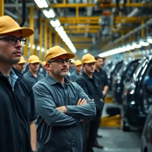 Workers at Stellantis assembly line showing concern over layoffs